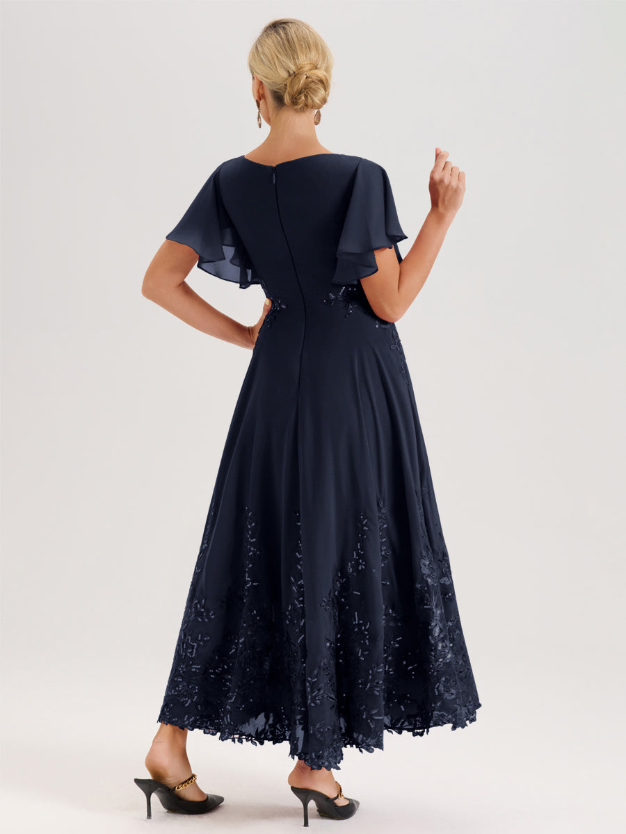 Cicinia Bleu Marine Robe De Mère De La Mariée Longue À La Cheville Ligne A En Dentelle Et Mousseline À Col Bateau Et Manches Courtes Volantées