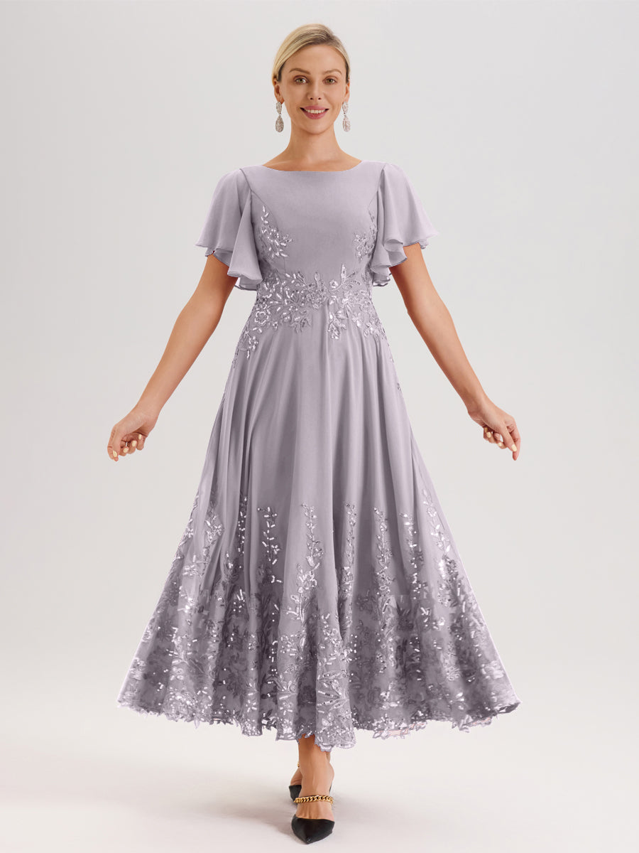 Cicinia Crépuscule Robe De Mère De La Mariée Longue À La Cheville Ligne A En Dentelle Et Mousseline À Col Bateau Et Manches Courtes Volantées
