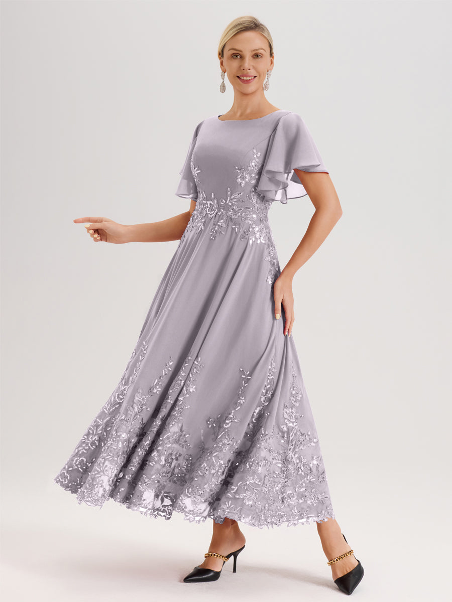 Cicinia Crépuscule Robe De Mère De La Mariée Longue À La Cheville Ligne A En Dentelle Et Mousseline À Col Bateau Et Manches Courtes Volantées