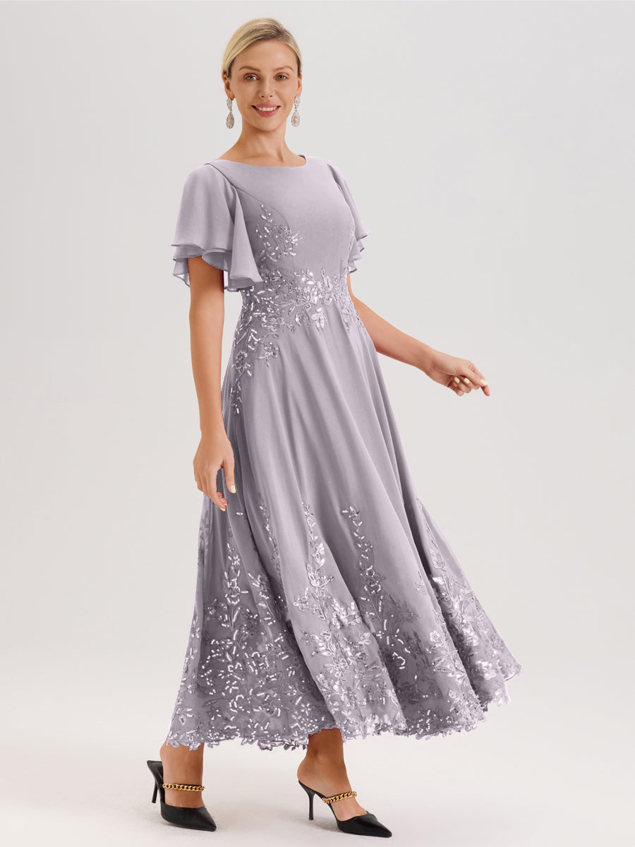 Cicinia Crépuscule Robe De Mère De La Mariée Longue À La Cheville Ligne A En Dentelle Et Mousseline À Col Bateau Et Manches Courtes Volantées
