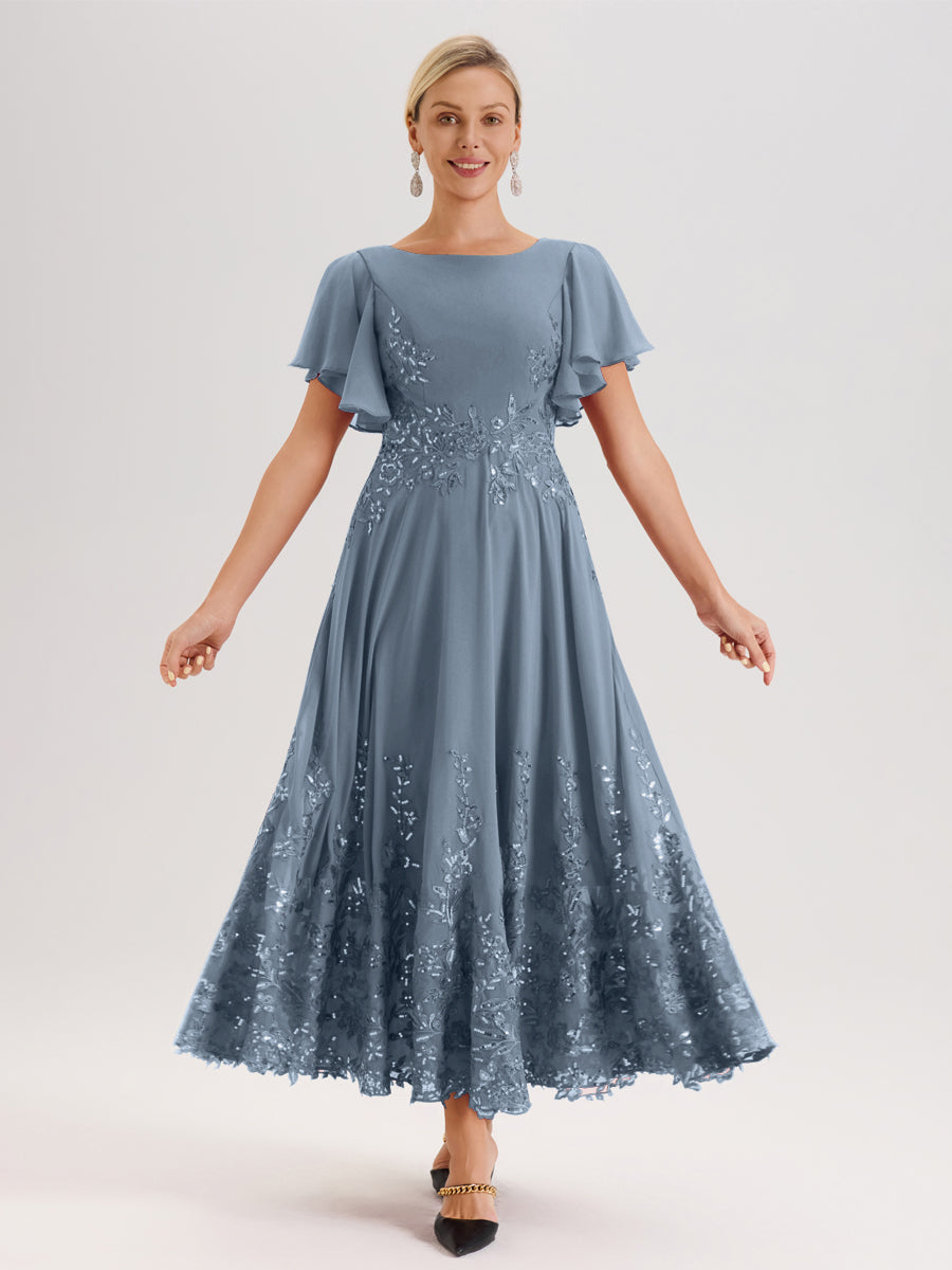 Cicinia Bleu Poudré Robe De Mère De La Mariée Longue À La Cheville Ligne A En Dentelle Et Mousseline À Col Bateau Et Manches Courtes Volantées