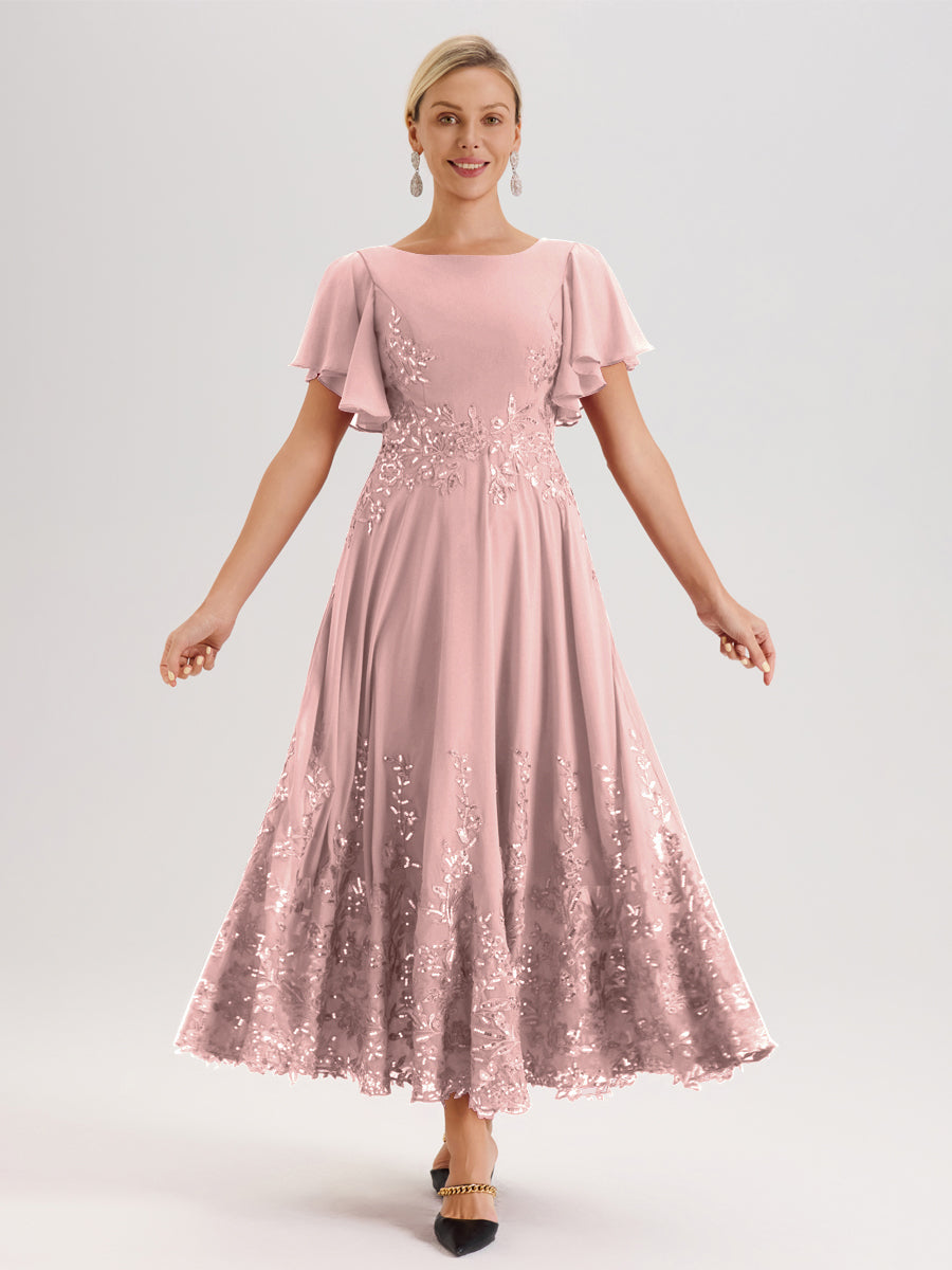 Cicinia Rose Poudré Robe De Mère De La Mariée Longue À La Cheville Ligne A En Dentelle Et Mousseline À Col Bateau Et Manches Courtes Volantées