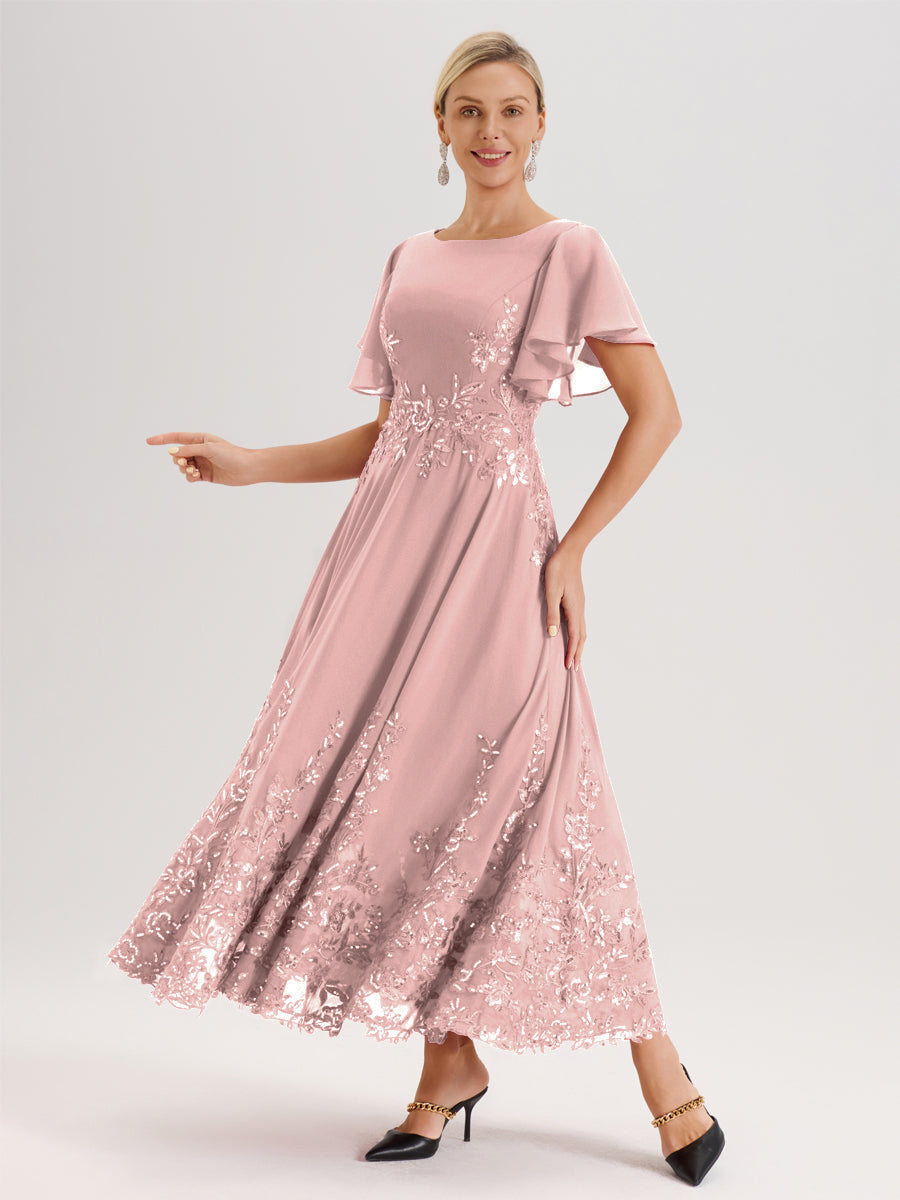 Cicinia Rose Poudré Robe De Mère De La Mariée Longue À La Cheville Ligne A En Dentelle Et Mousseline À Col Bateau Et Manches Courtes Volantées