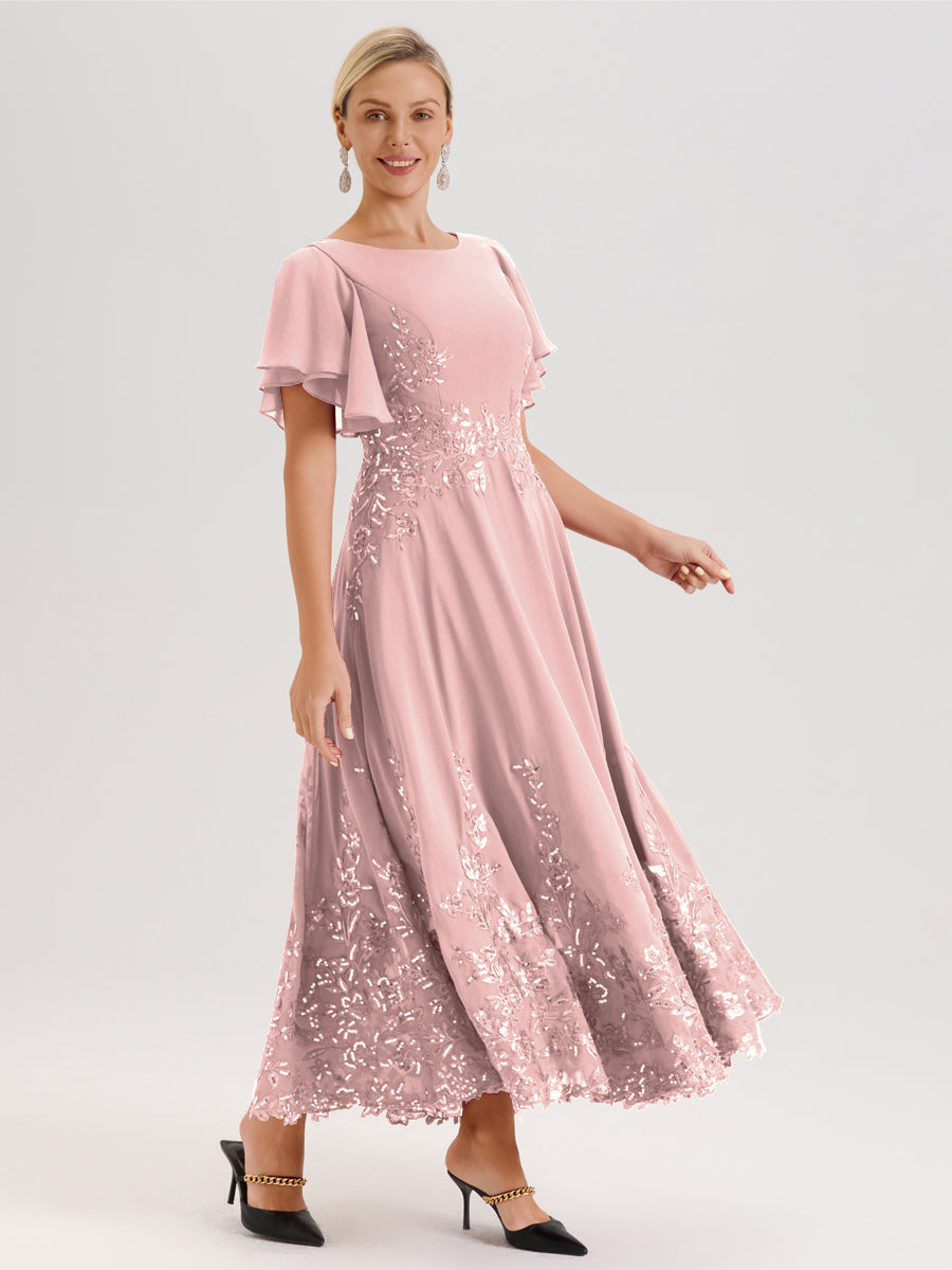 Cicinia Rose Poudré Robe De Mère De La Mariée Longue À La Cheville Ligne A En Dentelle Et Mousseline À Col Bateau Et Manches Courtes Volantées