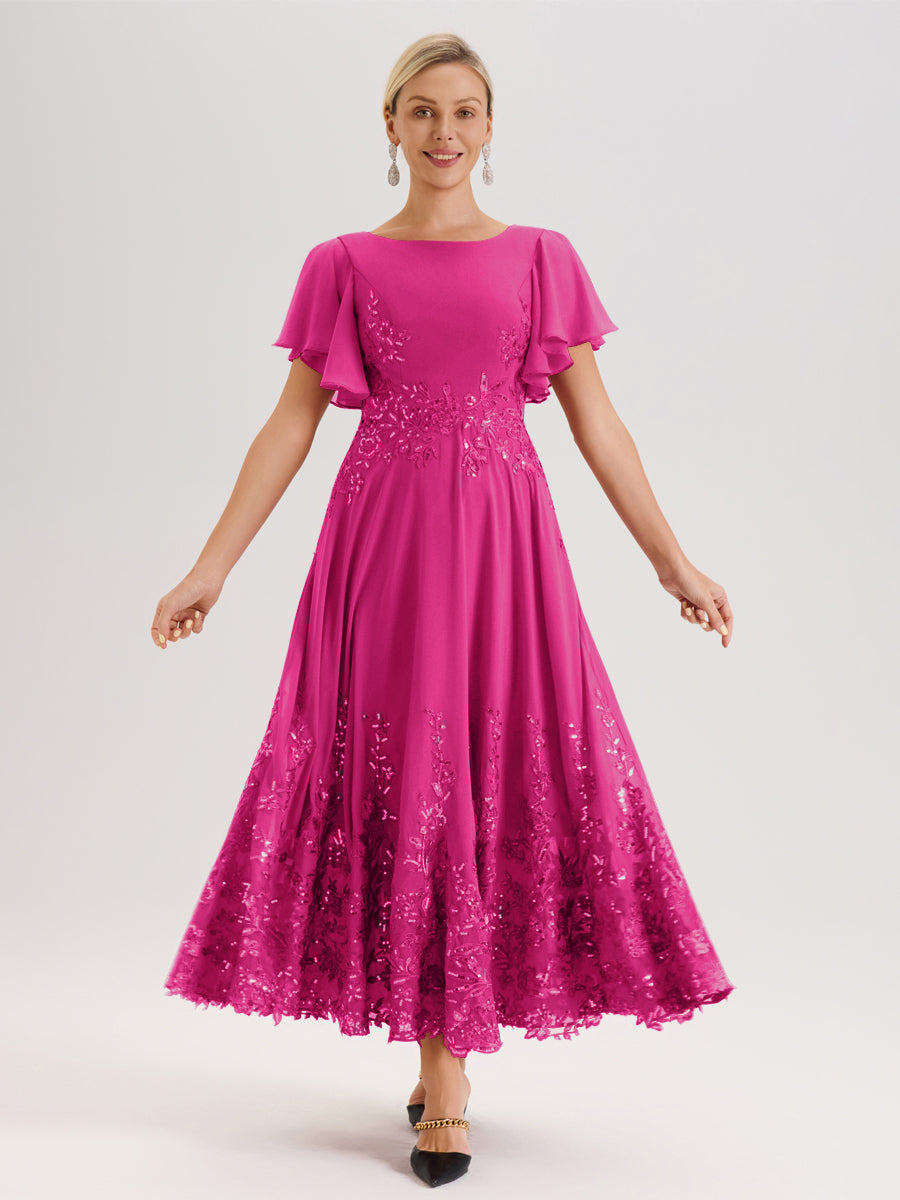 Cicinia Fuchsia Robe De Mère De La Mariée Longue À La Cheville Ligne A En Dentelle Et Mousseline À Col Bateau Et Manches Courtes Volantées