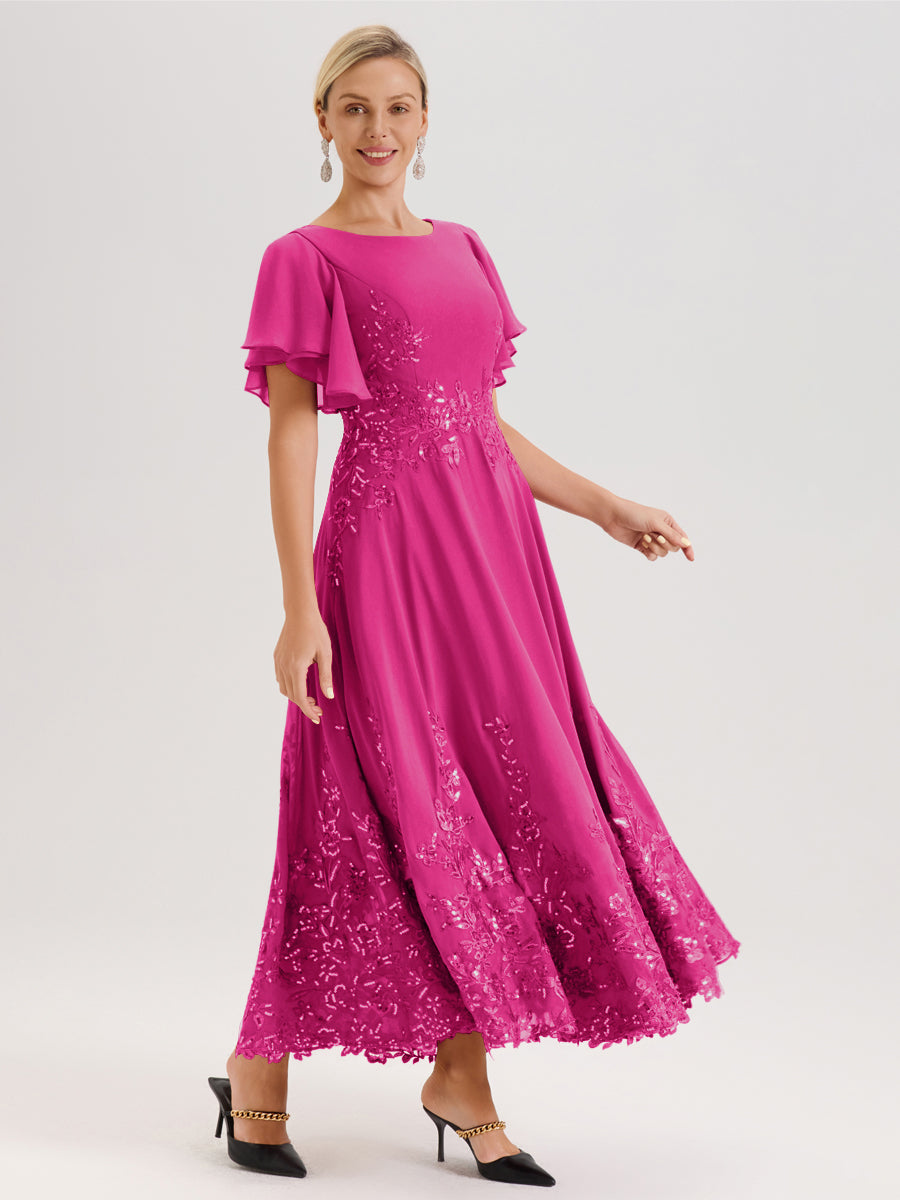 Cicinia Fuchsia Robe De Mère De La Mariée Longue À La Cheville Ligne A En Dentelle Et Mousseline À Col Bateau Et Manches Courtes Volantées