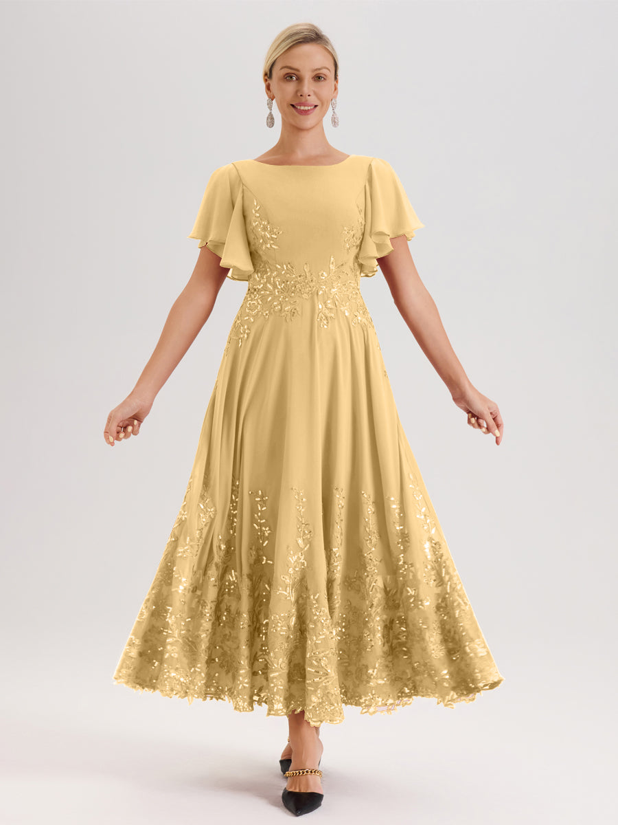 Cicinia Or Robe De Mère De La Mariée Longue À La Cheville Ligne A En Dentelle Et Mousseline À Col Bateau Et Manches Courtes Volantées