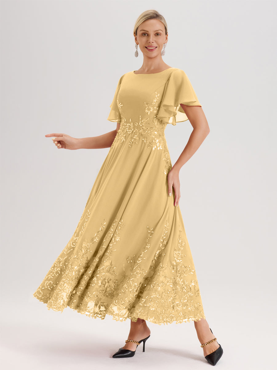 Cicinia Or Robe De Mère De La Mariée Longue À La Cheville Ligne A En Dentelle Et Mousseline À Col Bateau Et Manches Courtes Volantées