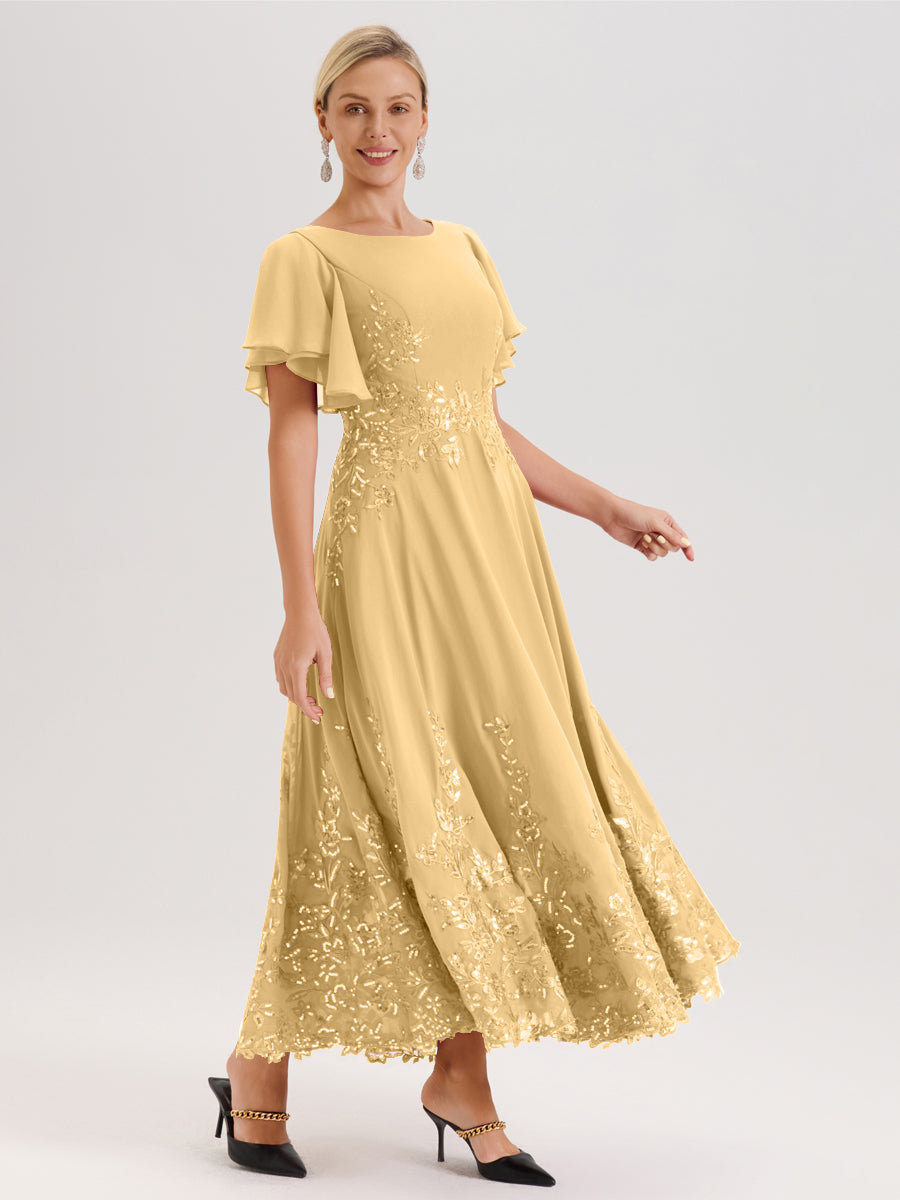 Cicinia Or Robe De Mère De La Mariée Longue À La Cheville Ligne A En Dentelle Et Mousseline À Col Bateau Et Manches Courtes Volantées