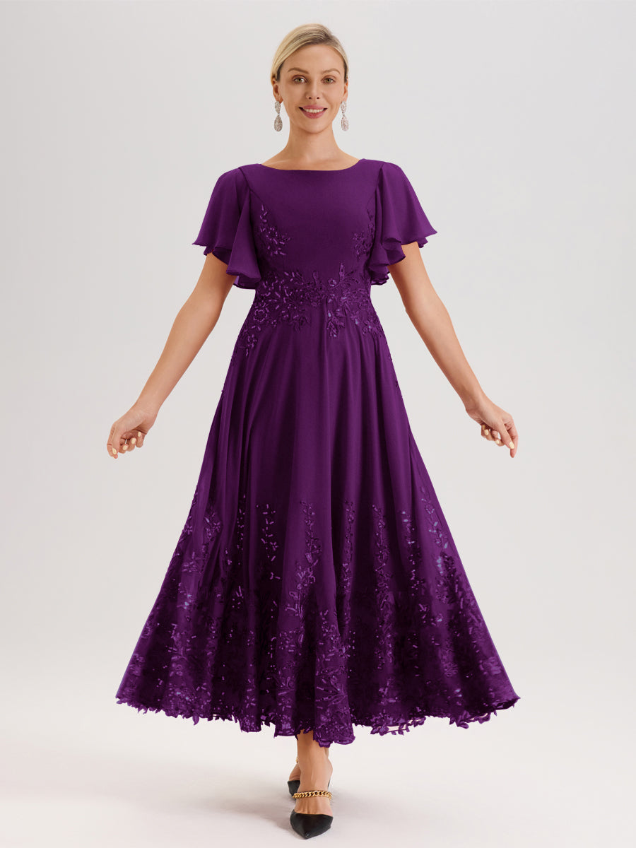Cicinia Raisin Robe De Mère De La Mariée Longue À La Cheville Ligne A En Dentelle Et Mousseline À Col Bateau Et Manches Courtes Volantées