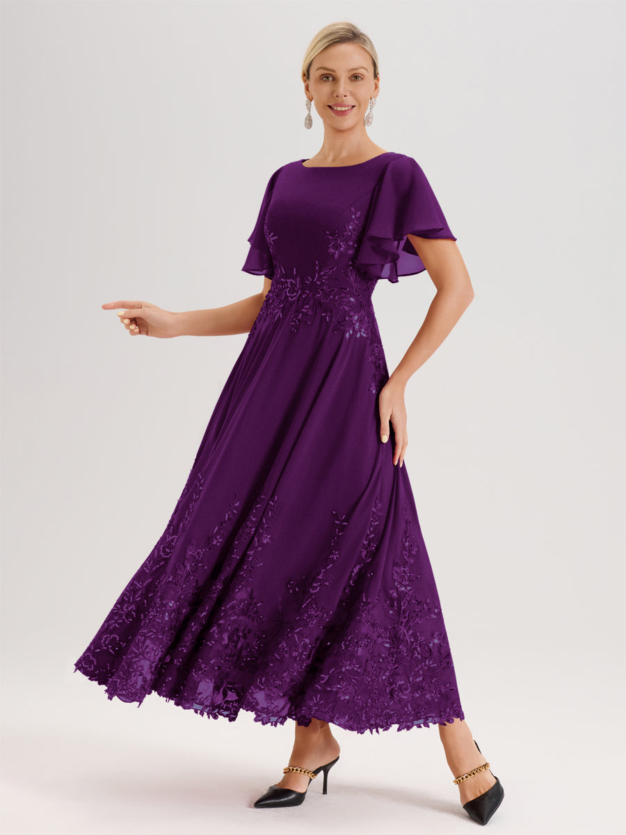 Cicinia Raisin Robe De Mère De La Mariée Longue À La Cheville Ligne A En Dentelle Et Mousseline À Col Bateau Et Manches Courtes Volantées