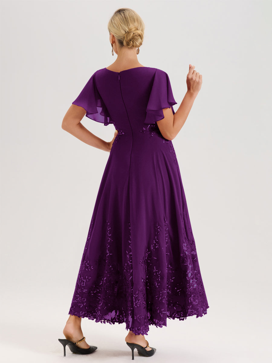 Cicinia Raisin Robe De Mère De La Mariée Longue À La Cheville Ligne A En Dentelle Et Mousseline À Col Bateau Et Manches Courtes Volantées
