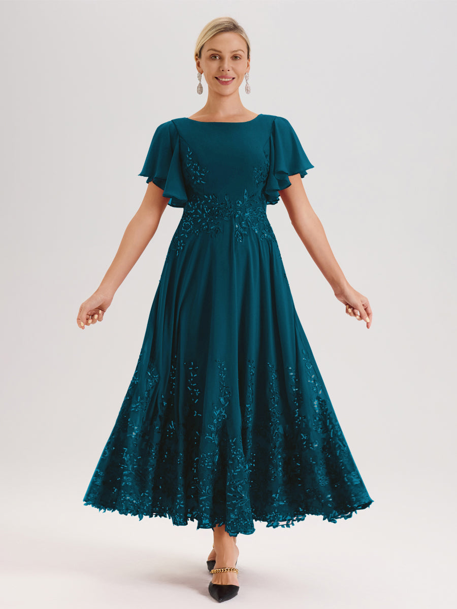 Cicinia Bleu Encre Robe De Mère De La Mariée Longue À La Cheville Ligne A En Dentelle Et Mousseline À Col Bateau Et Manches Courtes Volantées