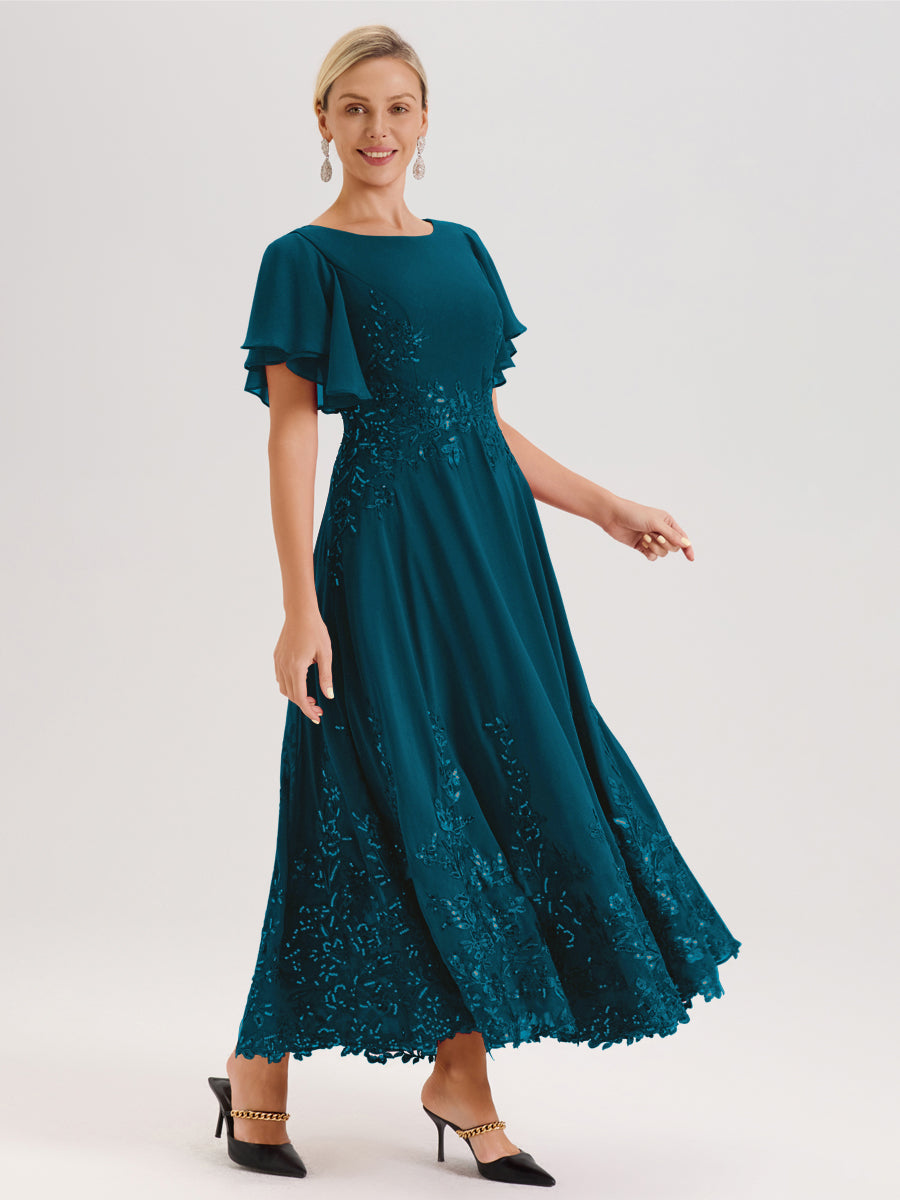 Cicinia Bleu Encre Robe De Mère De La Mariée Longue À La Cheville Ligne A En Dentelle Et Mousseline À Col Bateau Et Manches Courtes Volantées