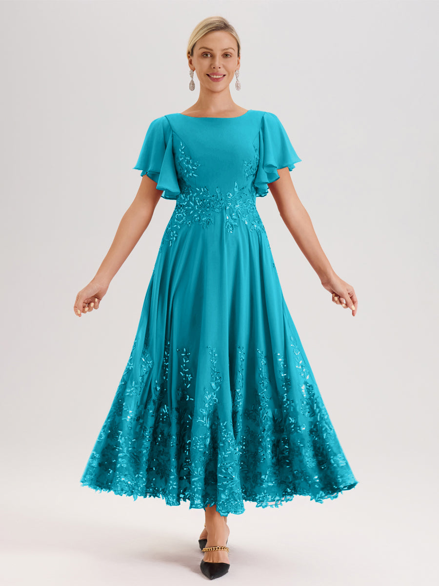 Cicinia Jade Robe De Mère De La Mariée Longue À La Cheville Ligne A En Dentelle Et Mousseline À Col Bateau Et Manches Courtes Volantées