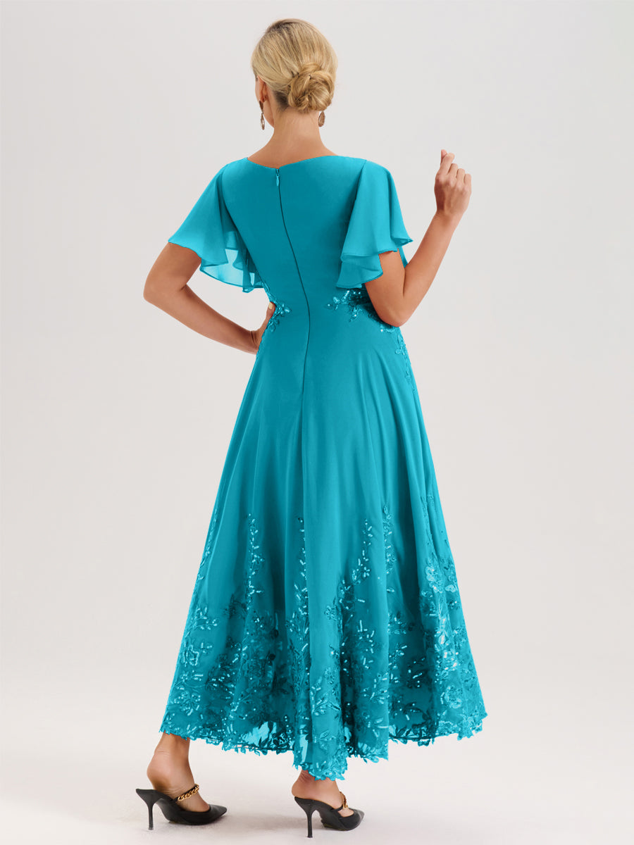 Cicinia Jade Robe De Mère De La Mariée Longue À La Cheville Ligne A En Dentelle Et Mousseline À Col Bateau Et Manches Courtes Volantées