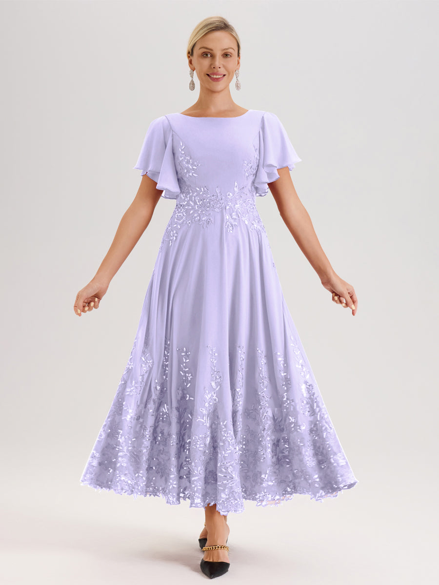 Cicinia Lilas Robe De Mère De La Mariée Longue À La Cheville Ligne A En Dentelle Et Mousseline À Col Bateau Et Manches Courtes Volantées