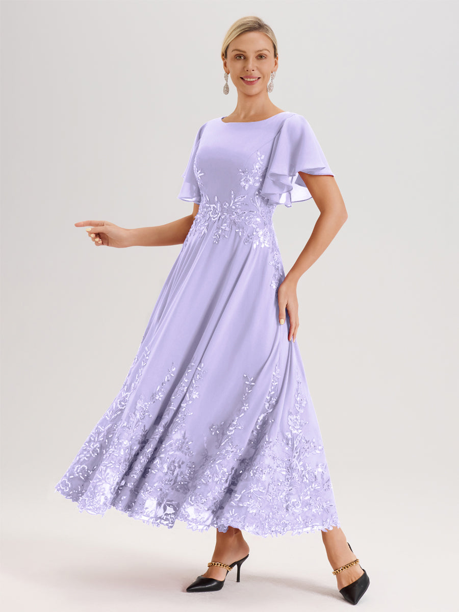 Cicinia Lilas Robe De Mère De La Mariée Longue À La Cheville Ligne A En Dentelle Et Mousseline À Col Bateau Et Manches Courtes Volantées
