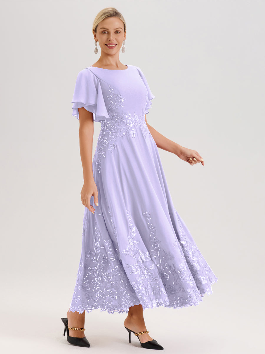 Cicinia Lilas Robe De Mère De La Mariée Longue À La Cheville Ligne A En Dentelle Et Mousseline À Col Bateau Et Manches Courtes Volantées