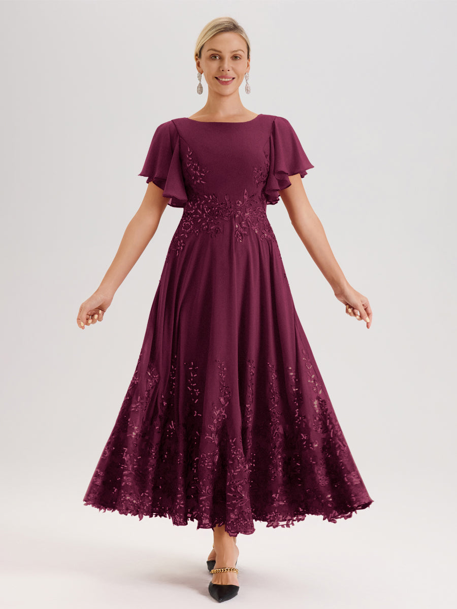 Cicinia Mûre Robe De Mère De La Mariée Longue À La Cheville Ligne A En Dentelle Et Mousseline À Col Bateau Et Manches Courtes Volantées