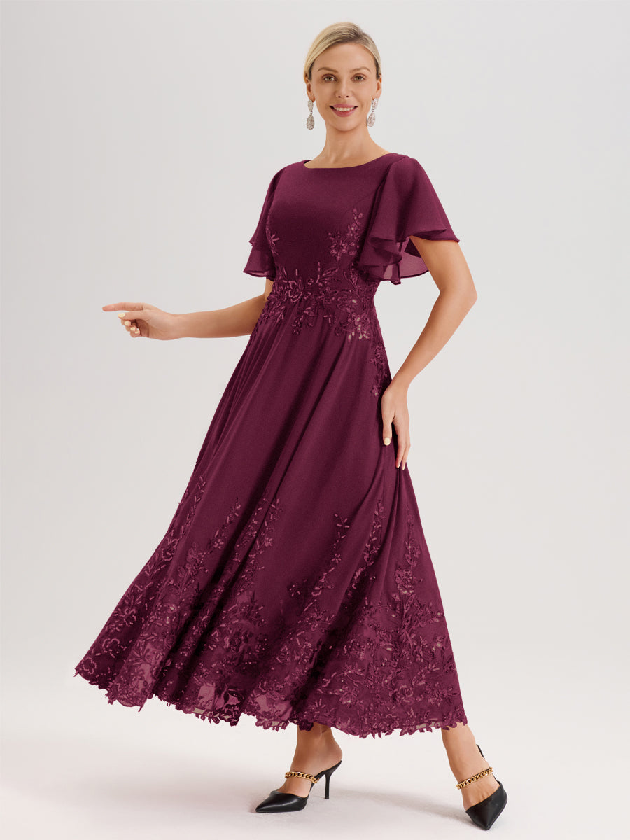 Cicinia Mûre Robe De Mère De La Mariée Longue À La Cheville Ligne A En Dentelle Et Mousseline À Col Bateau Et Manches Courtes Volantées