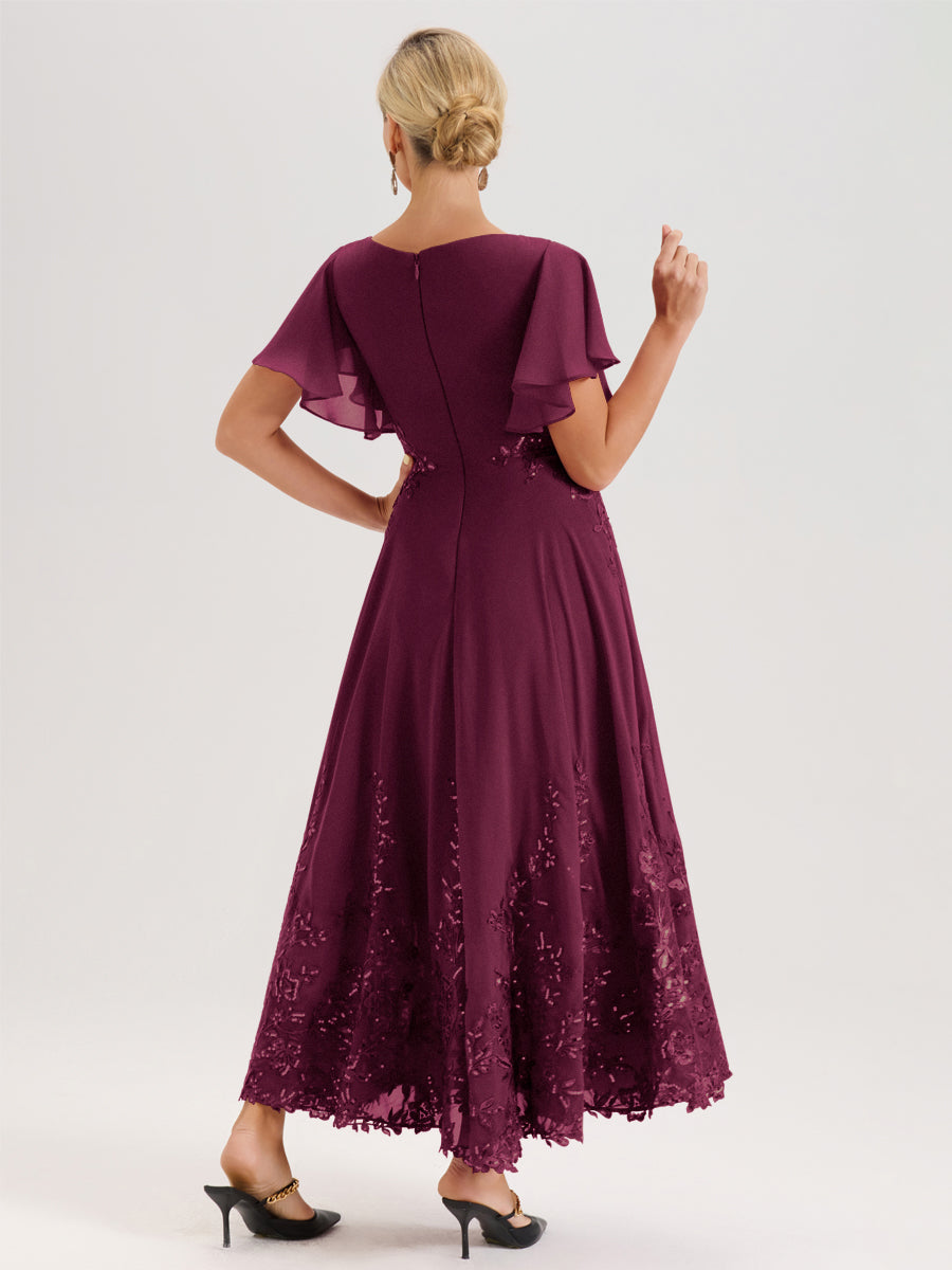 Cicinia Mûre Robe De Mère De La Mariée Longue À La Cheville Ligne A En Dentelle Et Mousseline À Col Bateau Et Manches Courtes Volantées