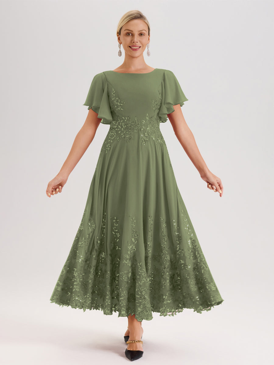 Cicinia Vert Olive Robe De Mère De La Mariée Longue À La Cheville Ligne A En Dentelle Et Mousseline À Col Bateau Et Manches Courtes Volantées
