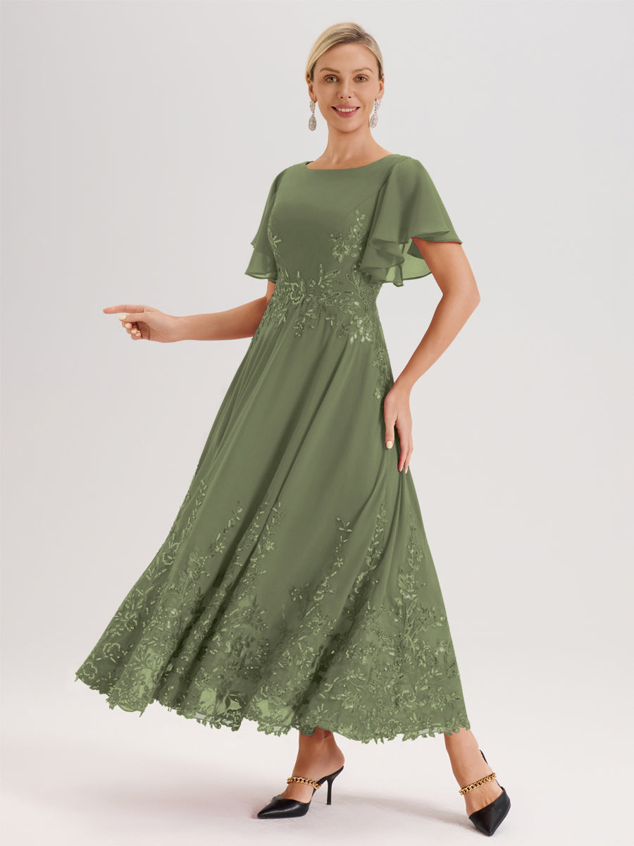 Cicinia Vert Olive Robe De Mère De La Mariée Longue À La Cheville Ligne A En Dentelle Et Mousseline À Col Bateau Et Manches Courtes Volantées