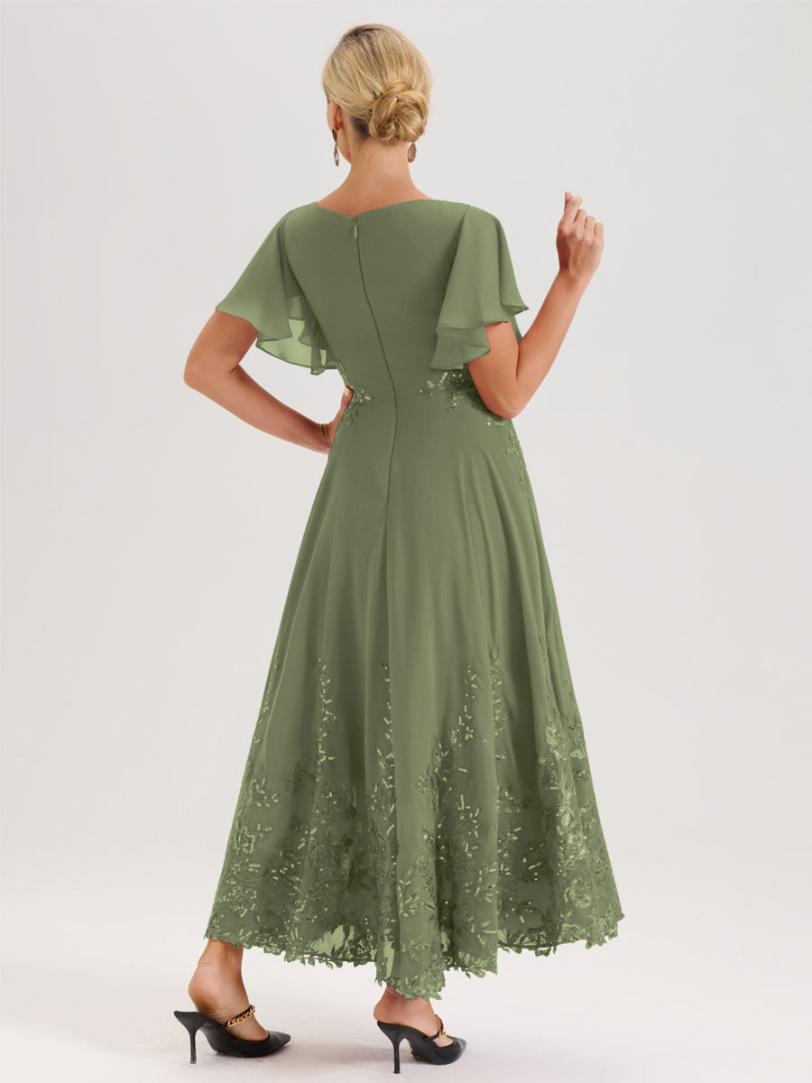 Cicinia Vert Olive Robe De Mère De La Mariée Longue À La Cheville Ligne A En Dentelle Et Mousseline À Col Bateau Et Manches Courtes Volantées