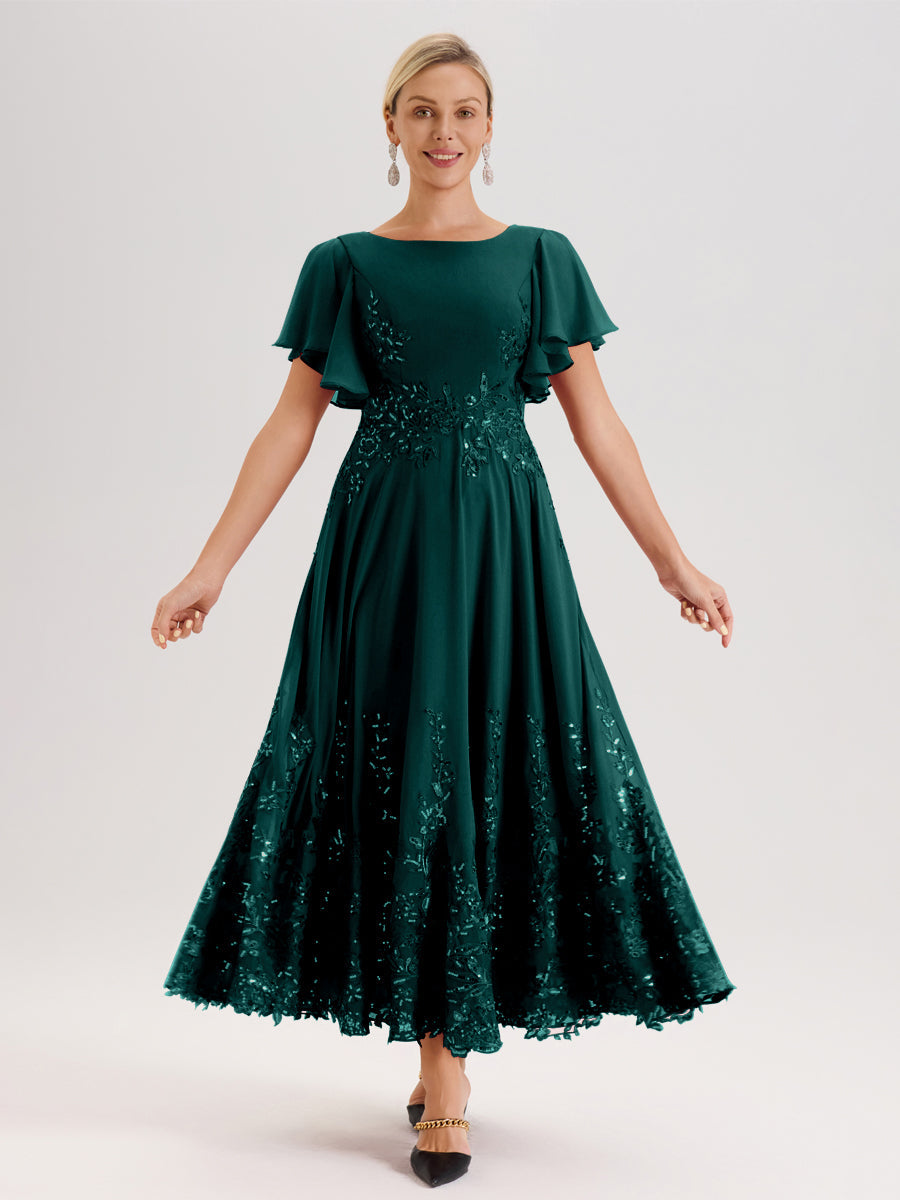 Cicinia Paon Robe De Mère De La Mariée Longue À La Cheville Ligne A En Dentelle Et Mousseline À Col Bateau Et Manches Courtes Volantées