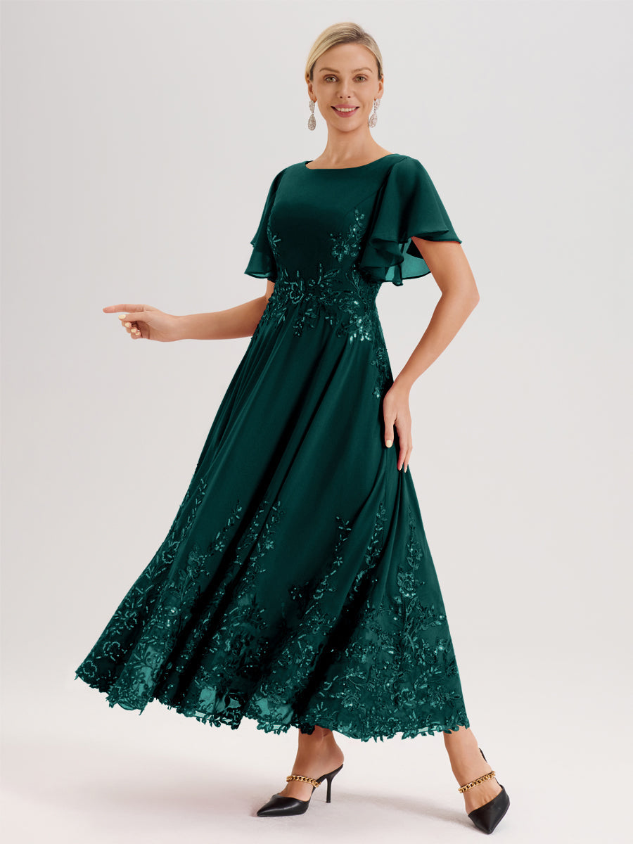 Cicinia Paon Robe De Mère De La Mariée Longue À La Cheville Ligne A En Dentelle Et Mousseline À Col Bateau Et Manches Courtes Volantées