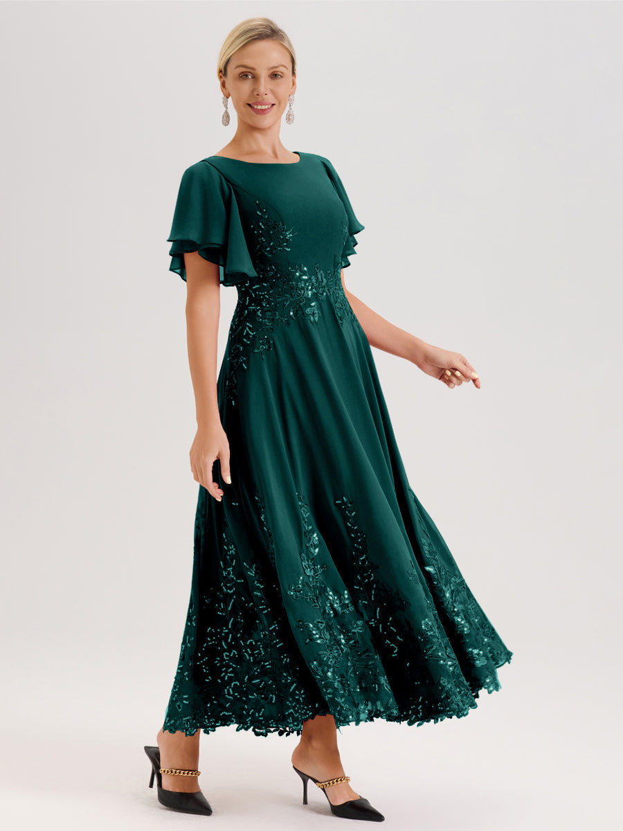 Cicinia Paon Robe De Mère De La Mariée Longue À La Cheville Ligne A En Dentelle Et Mousseline À Col Bateau Et Manches Courtes Volantées