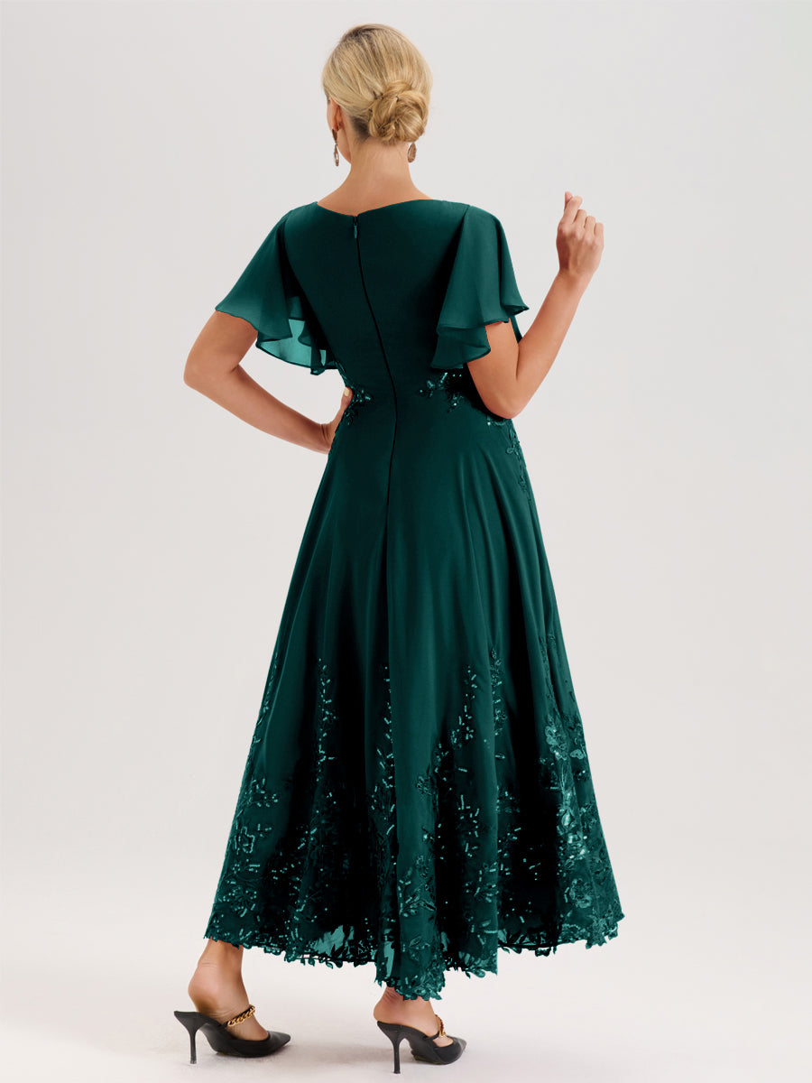 Cicinia Paon Robe De Mère De La Mariée Longue À La Cheville Ligne A En Dentelle Et Mousseline À Col Bateau Et Manches Courtes Volantées