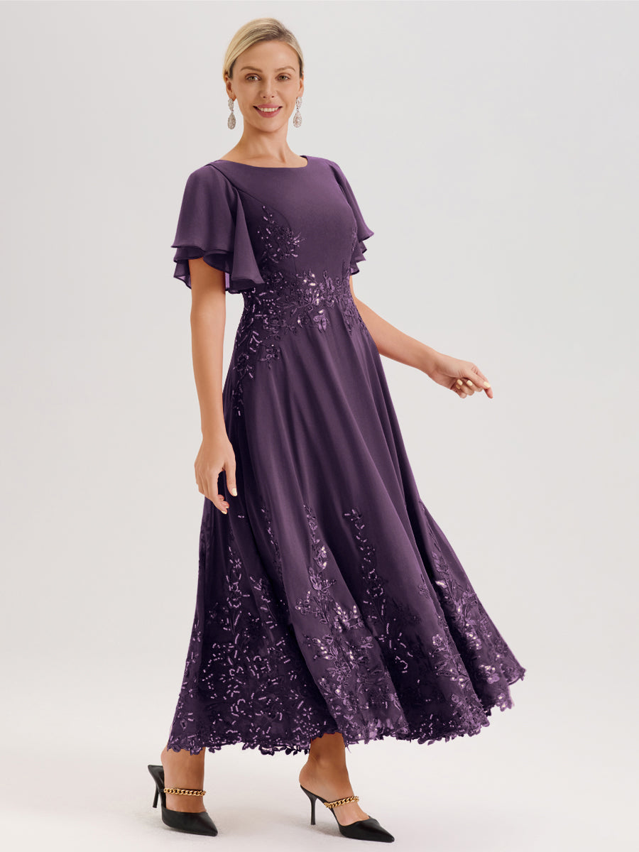 Cicinia Plum Robe De Mère De La Mariée Longue À La Cheville Ligne A En Dentelle Et Mousseline À Col Bateau Et Manches Courtes Volantées
