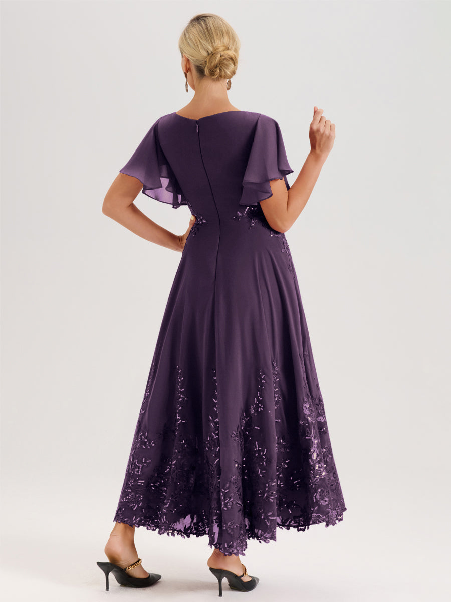 Cicinia Plum Robe De Mère De La Mariée Longue À La Cheville Ligne A En Dentelle Et Mousseline À Col Bateau Et Manches Courtes Volantées