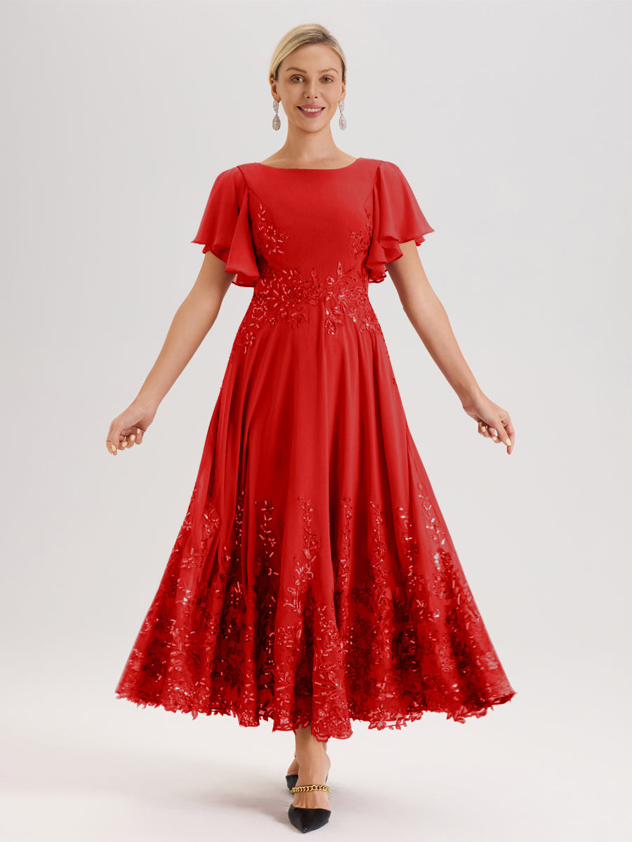 Cicinia Rouge Robe De Mère De La Mariée Longue À La Cheville Ligne A En Dentelle Et Mousseline À Col Bateau Et Manches Courtes Volantées