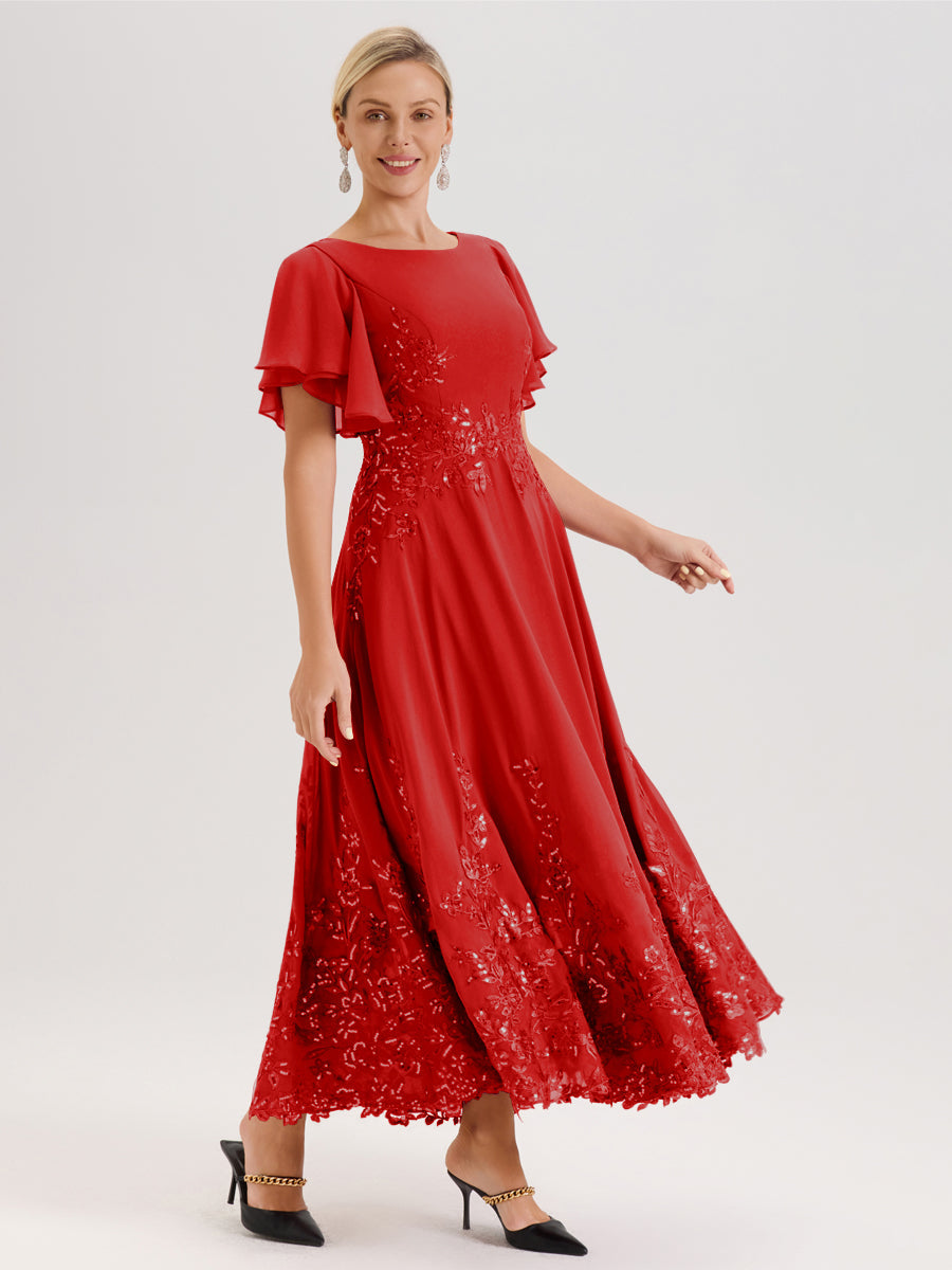 Cicinia Rouge Robe De Mère De La Mariée Longue À La Cheville Ligne A En Dentelle Et Mousseline À Col Bateau Et Manches Courtes Volantées