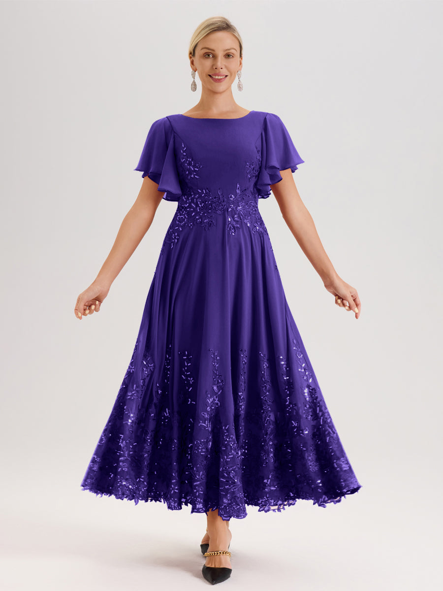 Cicinia Régence Robe De Mère De La Mariée Longue À La Cheville Ligne A En Dentelle Et Mousseline À Col Bateau Et Manches Courtes Volantées