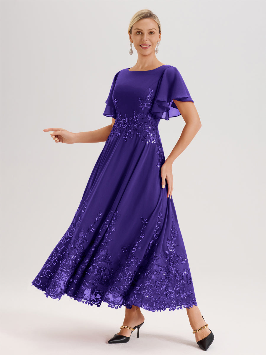 Cicinia Régence Robe De Mère De La Mariée Longue À La Cheville Ligne A En Dentelle Et Mousseline À Col Bateau Et Manches Courtes Volantées