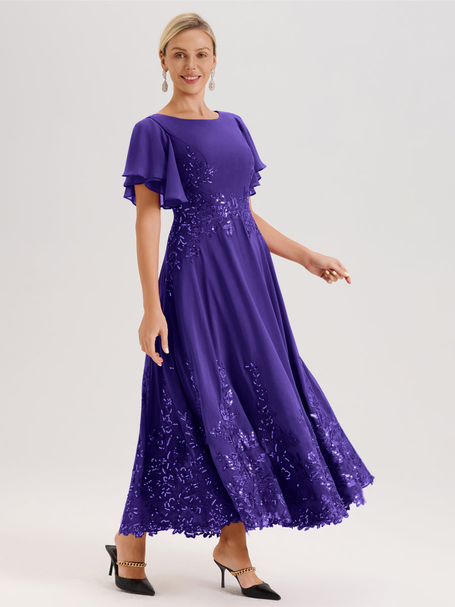Cicinia Régence Robe De Mère De La Mariée Longue À La Cheville Ligne A En Dentelle Et Mousseline À Col Bateau Et Manches Courtes Volantées