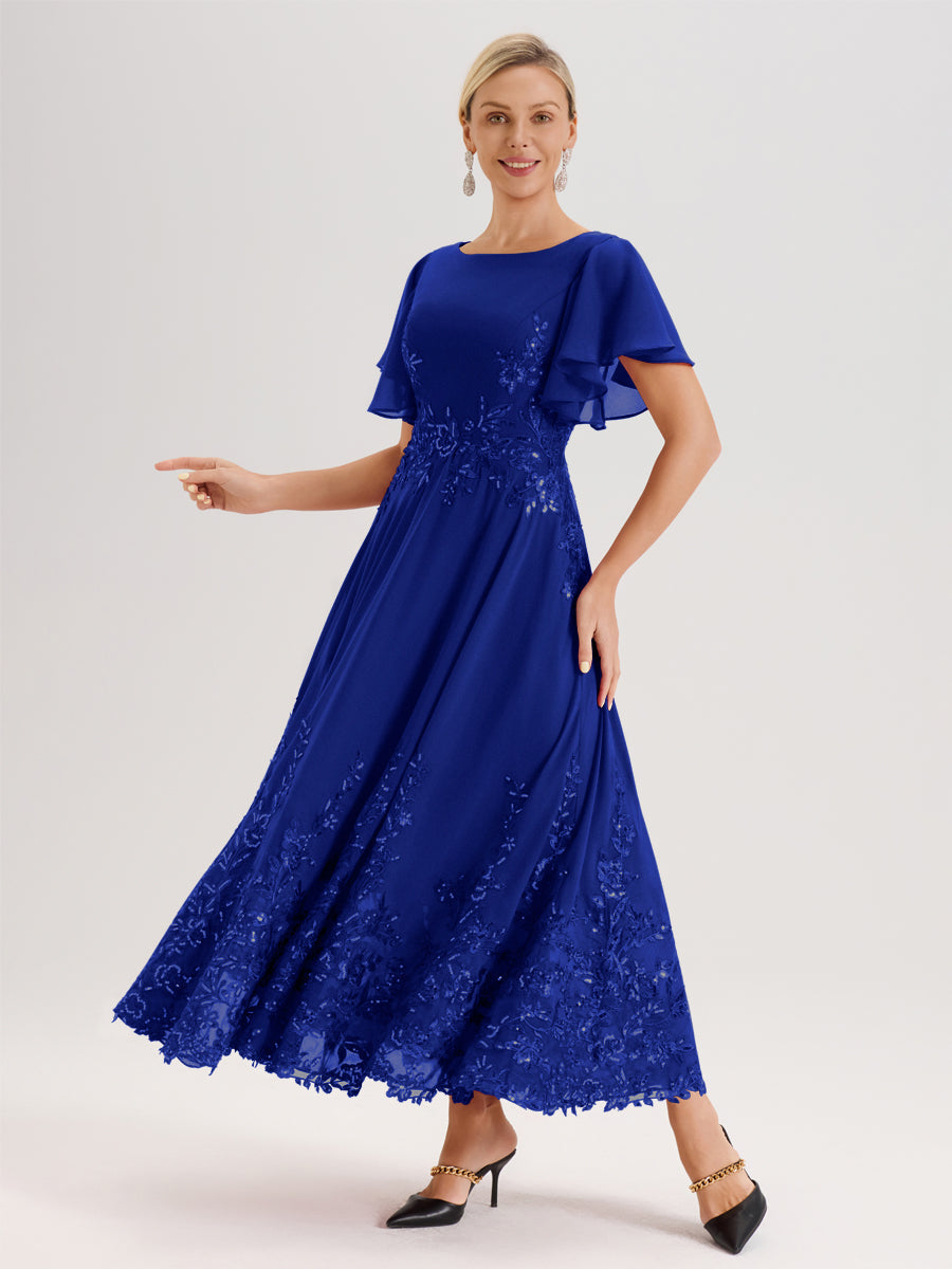 Cicinia Bleu Royale Robe De Mère De La Mariée Longue À La Cheville Ligne A En Dentelle Et Mousseline À Col Bateau Et Manches Courtes Volantées