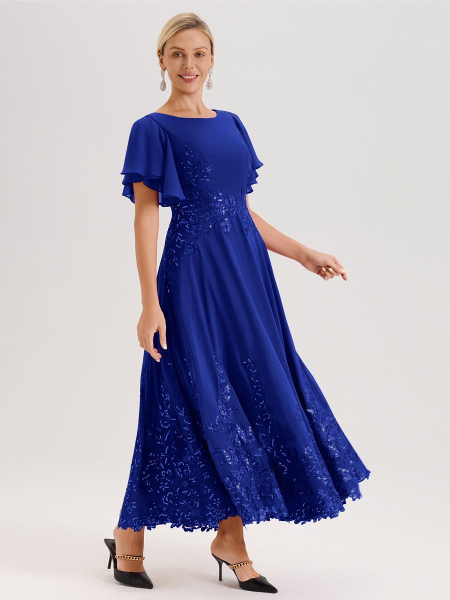 Cicinia Bleu Royale Robe De Mère De La Mariée Longue À La Cheville Ligne A En Dentelle Et Mousseline À Col Bateau Et Manches Courtes Volantées
