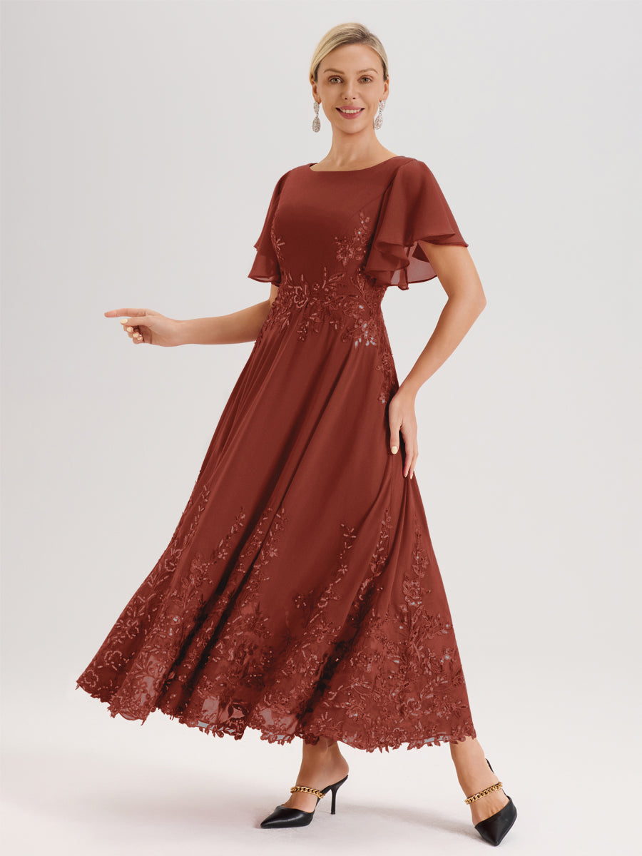 Cicinia Rouille Robe De Mère De La Mariée Longue À La Cheville Ligne A En Dentelle Et Mousseline À Col Bateau Et Manches Courtes Volantées