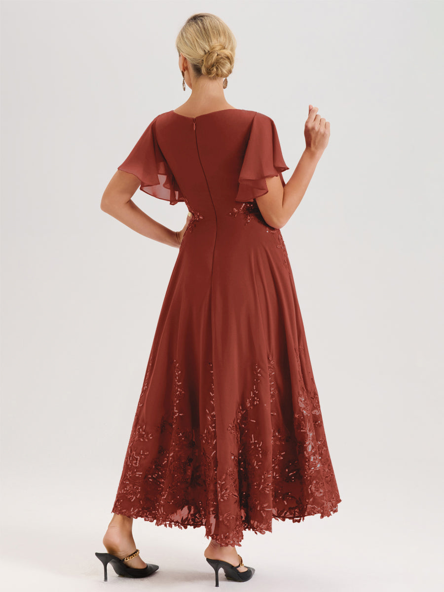 Cicinia Rouille Robe De Mère De La Mariée Longue À La Cheville Ligne A En Dentelle Et Mousseline À Col Bateau Et Manches Courtes Volantées