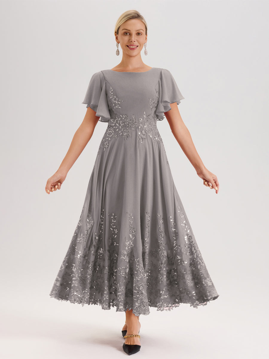 Cicinia Argent Robe De Mère De La Mariée Longue À La Cheville Ligne A En Dentelle Et Mousseline À Col Bateau Et Manches Courtes Volantées