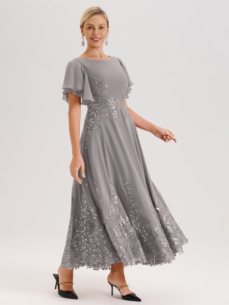 Cicinia Argent Robe De Mère De La Mariée Longue À La Cheville Ligne A En Dentelle Et Mousseline À Col Bateau Et Manches Courtes Volantées