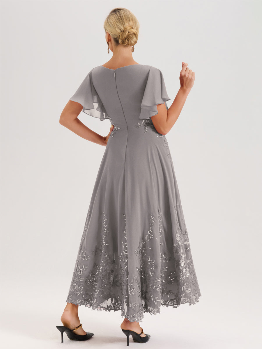 Cicinia Argent Robe De Mère De La Mariée Longue À La Cheville Ligne A En Dentelle Et Mousseline À Col Bateau Et Manches Courtes Volantées