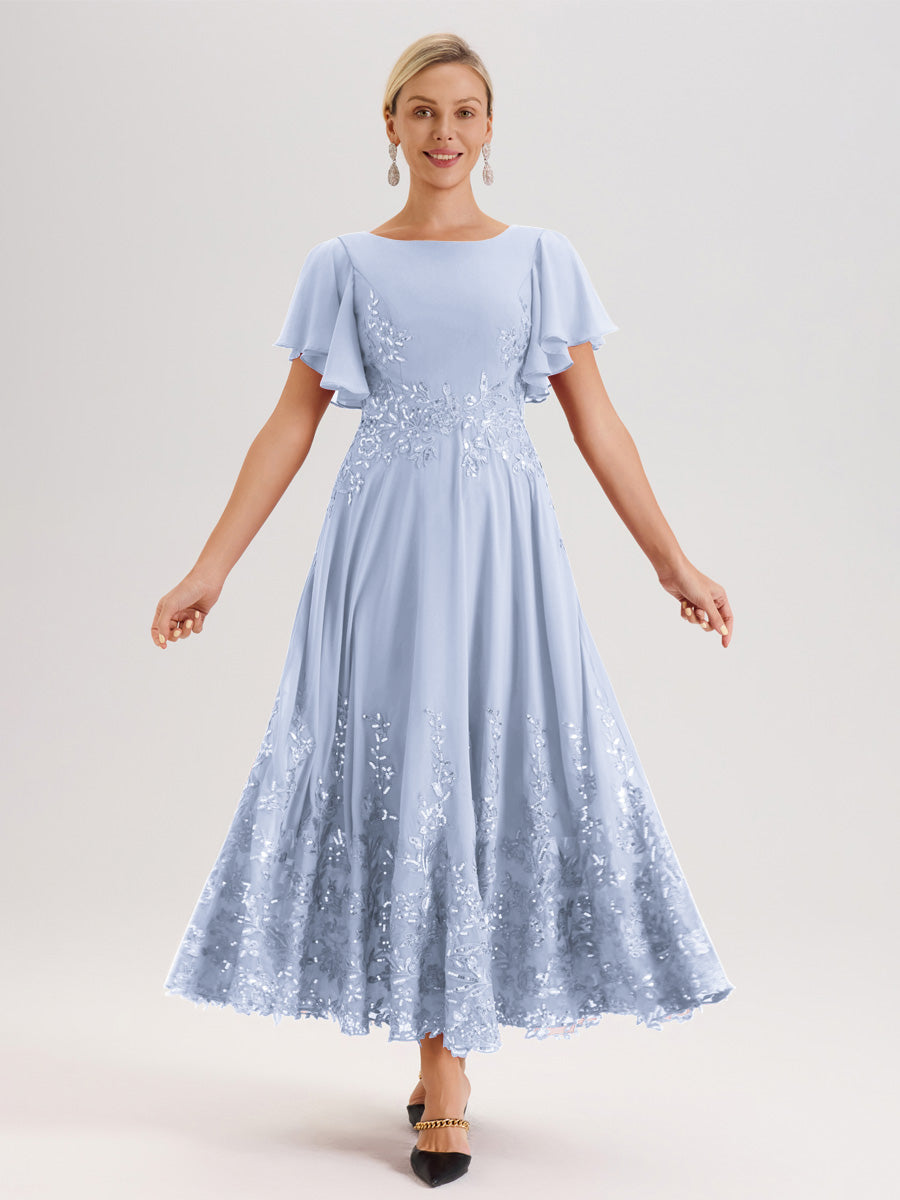 Cicinia Bleu Ciel Robe De Mère De La Mariée Longue À La Cheville Ligne A En Dentelle Et Mousseline À Col Bateau Et Manches Courtes Volantées