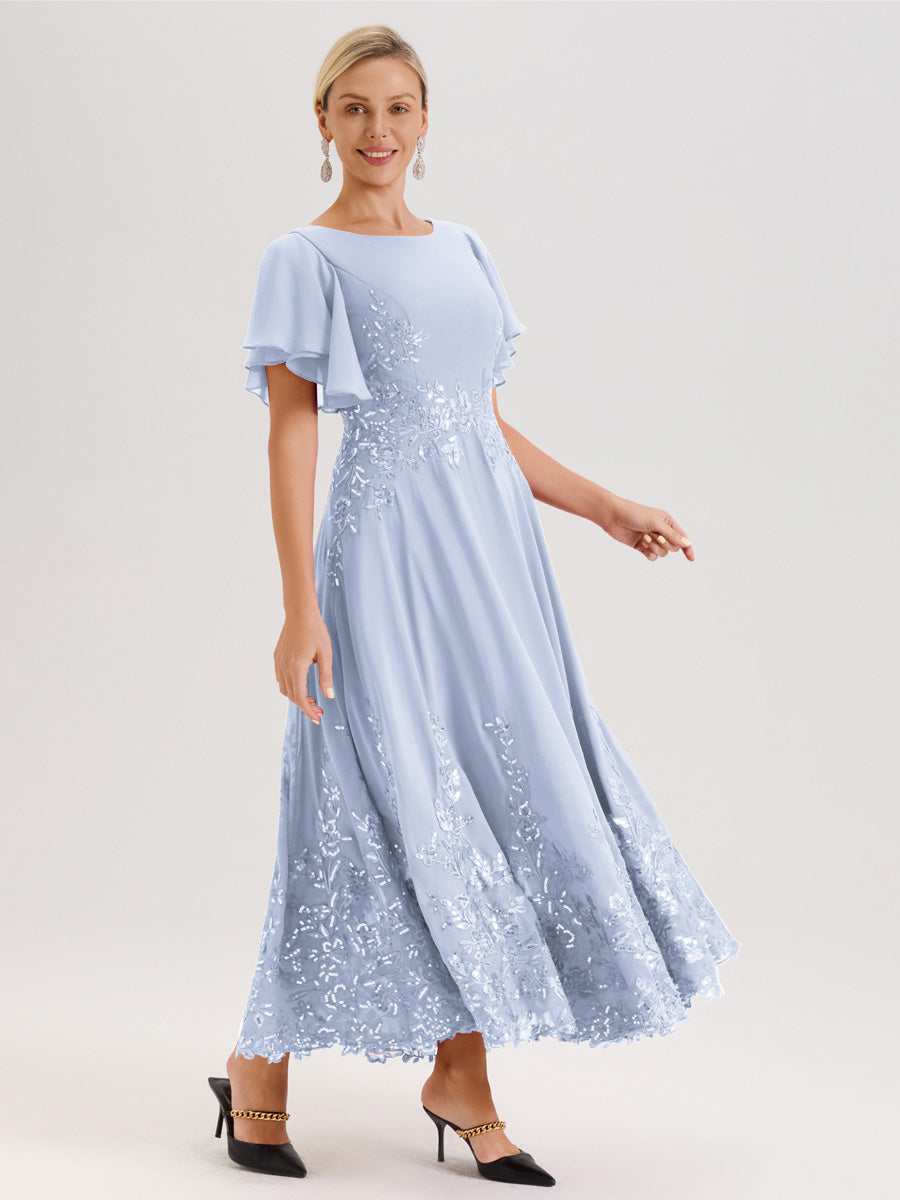 Cicinia Bleu Ciel Robe De Mère De La Mariée Longue À La Cheville Ligne A En Dentelle Et Mousseline À Col Bateau Et Manches Courtes Volantées