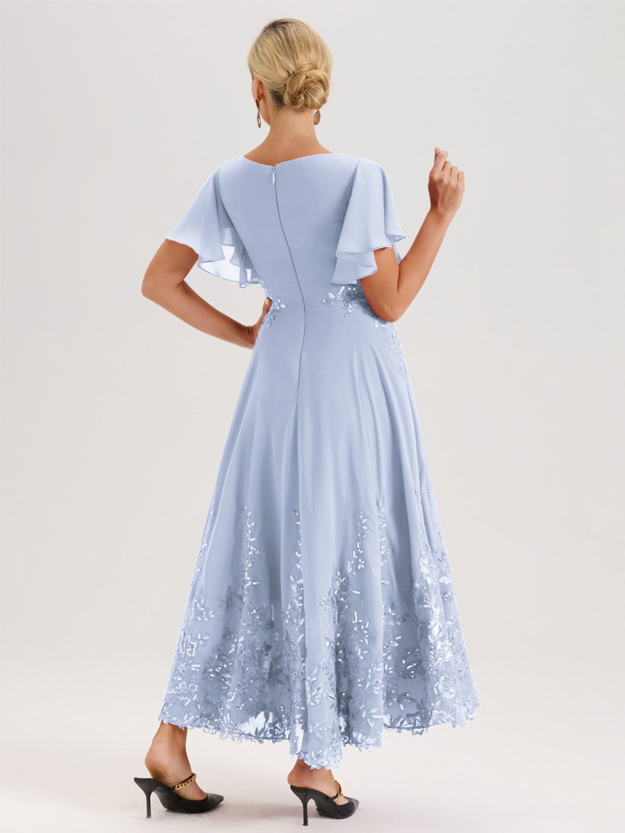 Cicinia Bleu Ciel Robe De Mère De La Mariée Longue À La Cheville Ligne A En Dentelle Et Mousseline À Col Bateau Et Manches Courtes Volantées